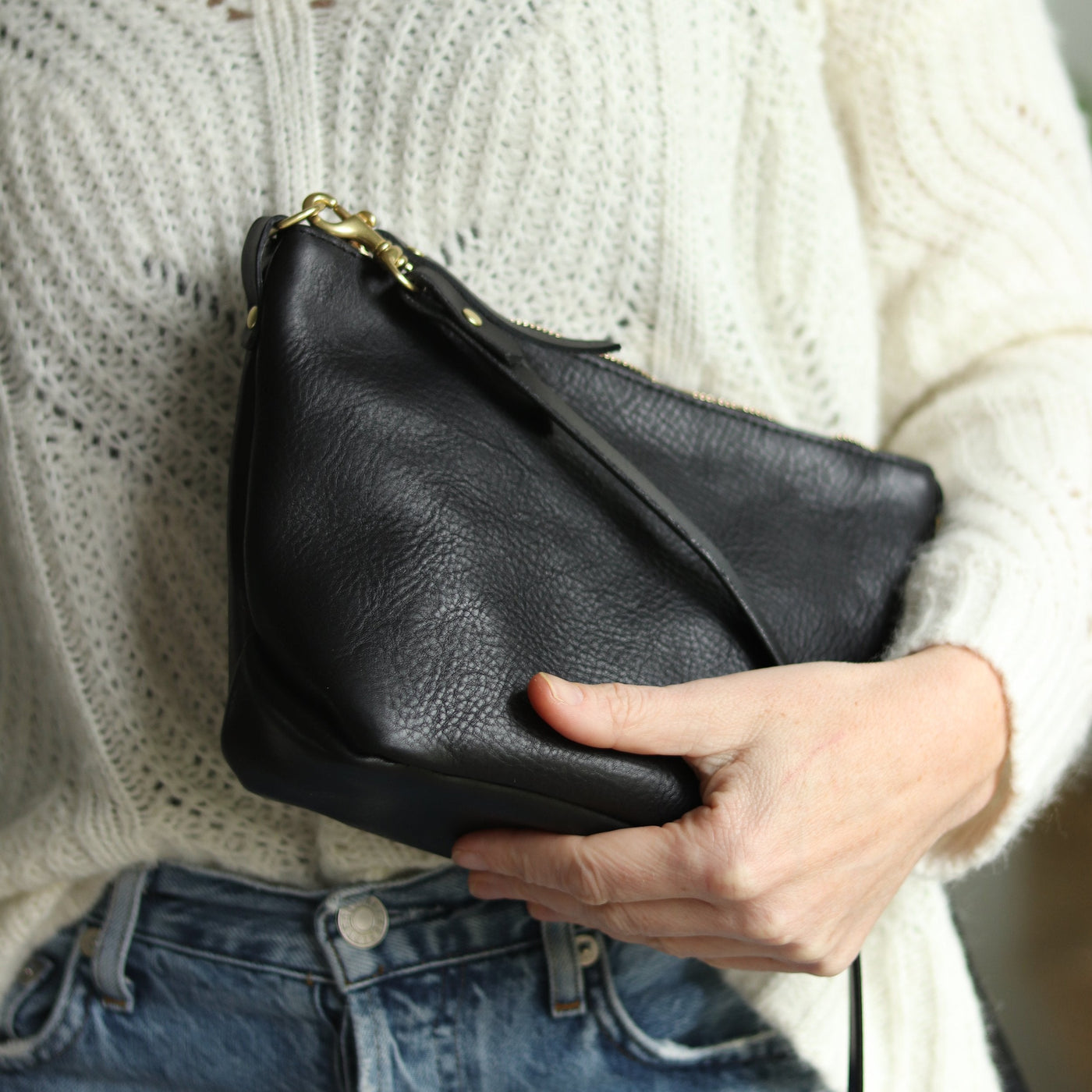 Sale - Small Leather Convertible Crossbody Clutch Bag - Black Pebble