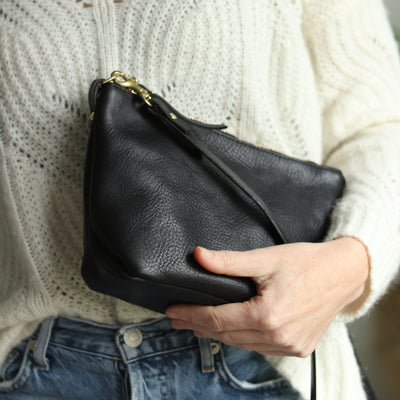 Sale - Small Leather Convertible Crossbody Clutch Bag - Black Pebble