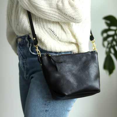 Sale - Small Leather Convertible Crossbody Clutch Bag - Black Pebble