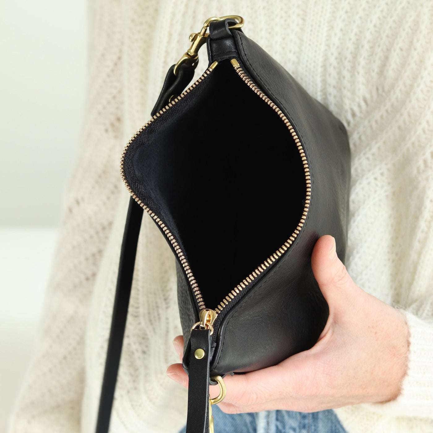 Sale - Small Leather Convertible Crossbody Clutch Bag - Black Pebble