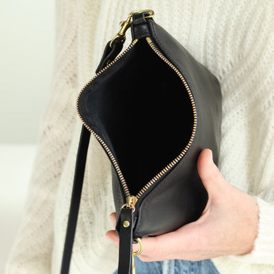 Sale - Small Leather Convertible Crossbody Clutch Bag - Black Pebble