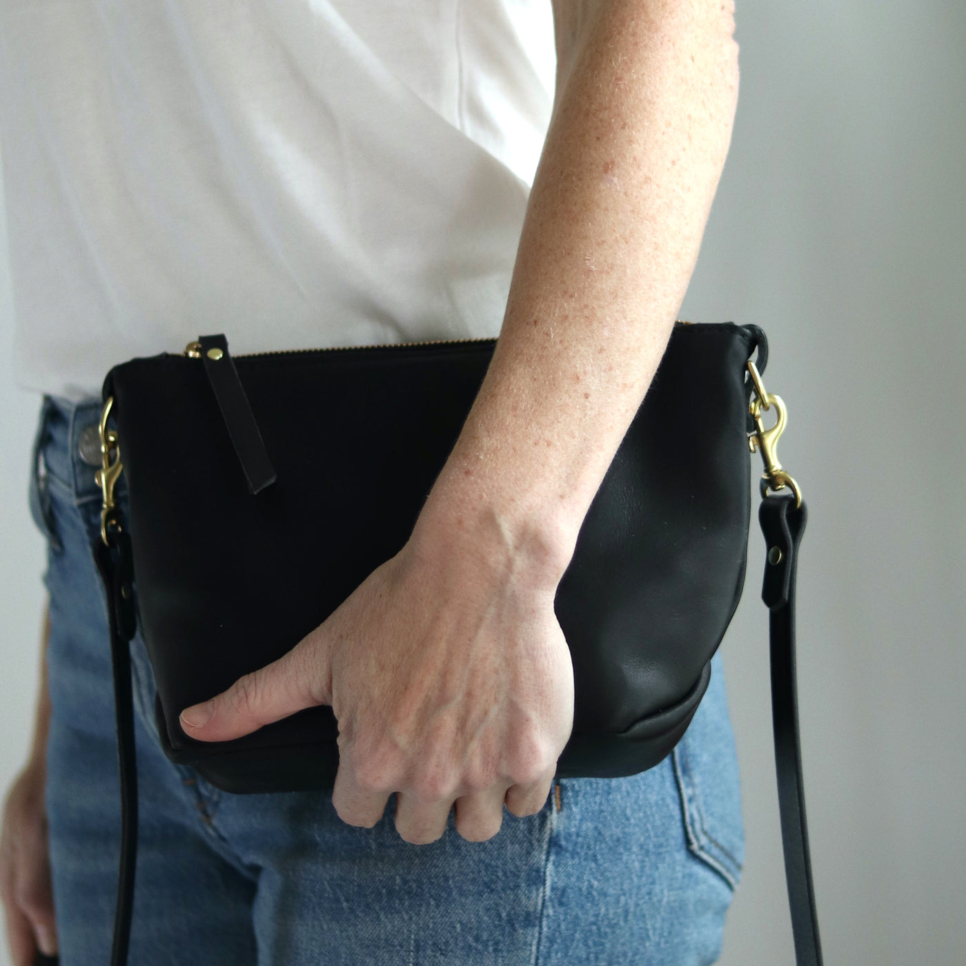 Small Leather Convertible Crossbody Clutch Bag - Soft and Slouchy Black