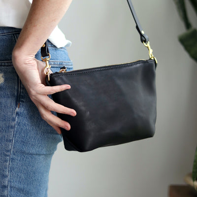 Small Leather Convertible Crossbody Clutch Bag - Soft and Slouchy Black