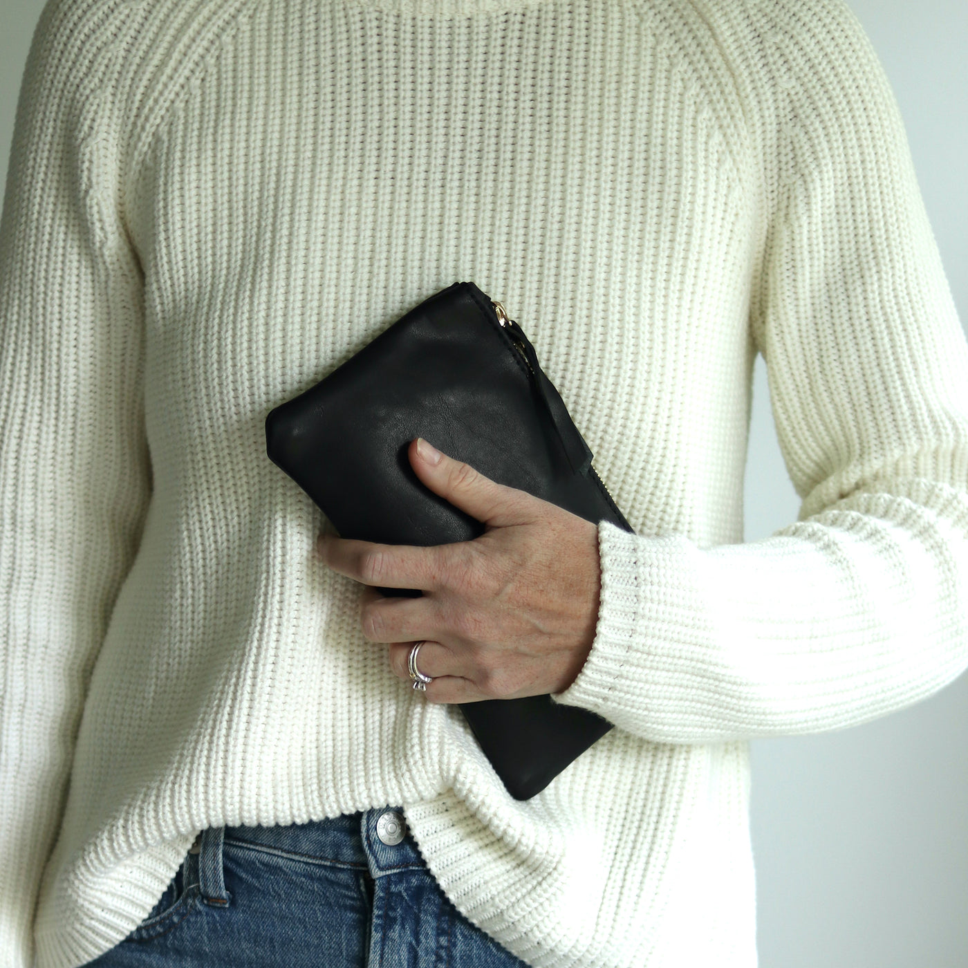 Personalized Leather Zip Clutch - Soft and Slouchy Black