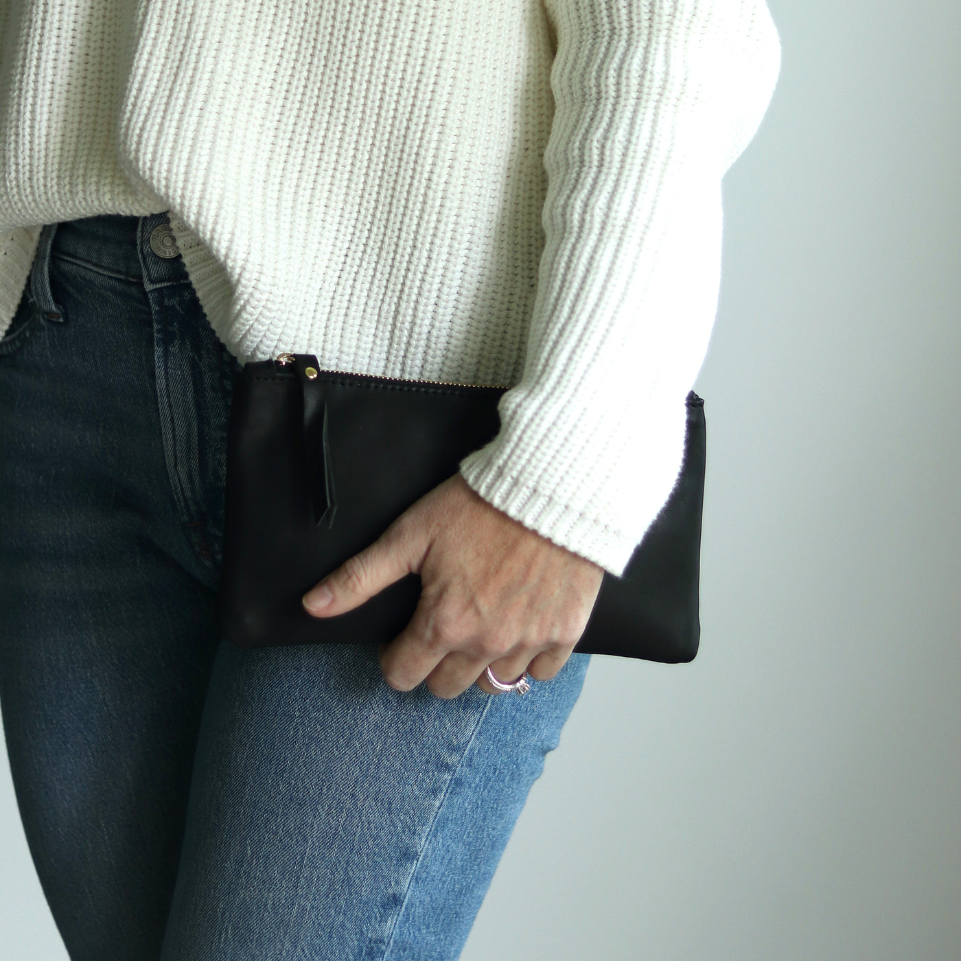 Personalized Leather Zip Clutch - Soft and Slouchy Black