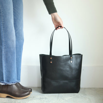 Black Leather Tote with Black Straps – Handcrafted Vegetable Tanned Leather Bag with Copper Rivets