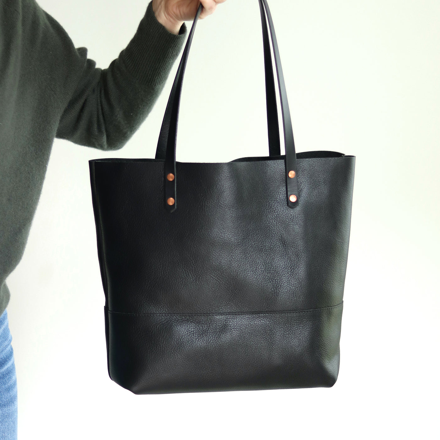 Black Leather Tote with Black Straps – Handcrafted Vegetable Tanned Leather Bag with Copper Rivets