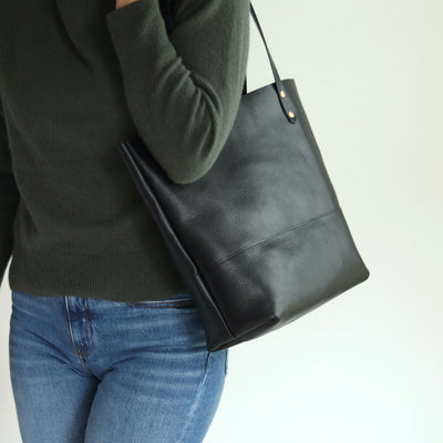 Black Leather Tote with Black Straps – Handcrafted Vegetable Tanned Leather Bag with Copper Rivets