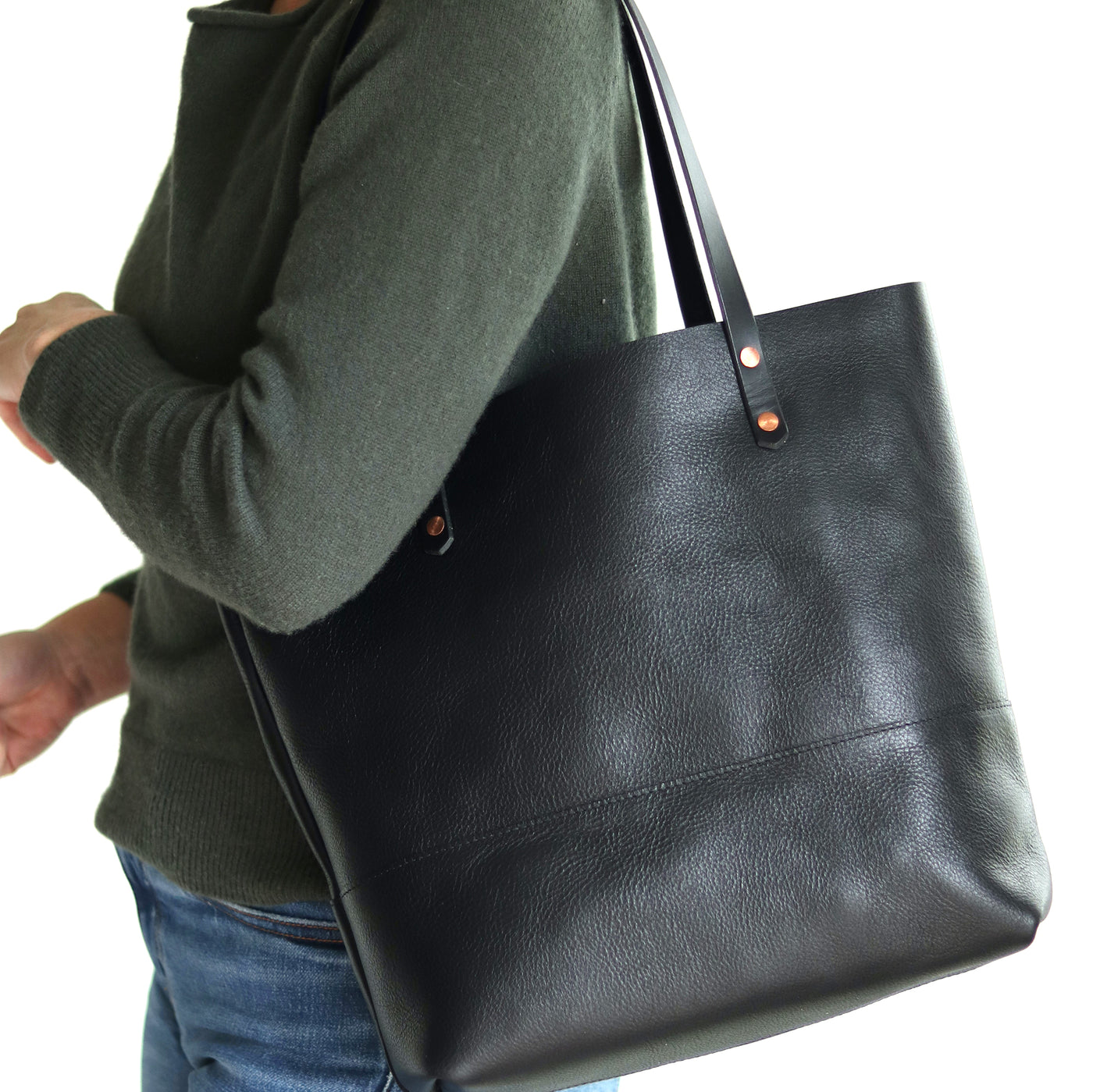 Black Leather Tote with Black Straps – Handcrafted Vegetable Tanned Leather Bag with Copper Rivets