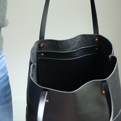 Black Leather Tote with Black Straps – Handcrafted Vegetable Tanned Leather Bag with Copper Rivets