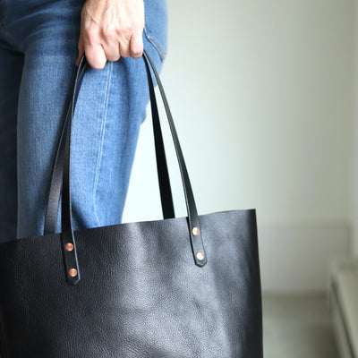 Black Leather Tote with Black Straps – Handcrafted Vegetable Tanned Leather Bag with Copper Rivets