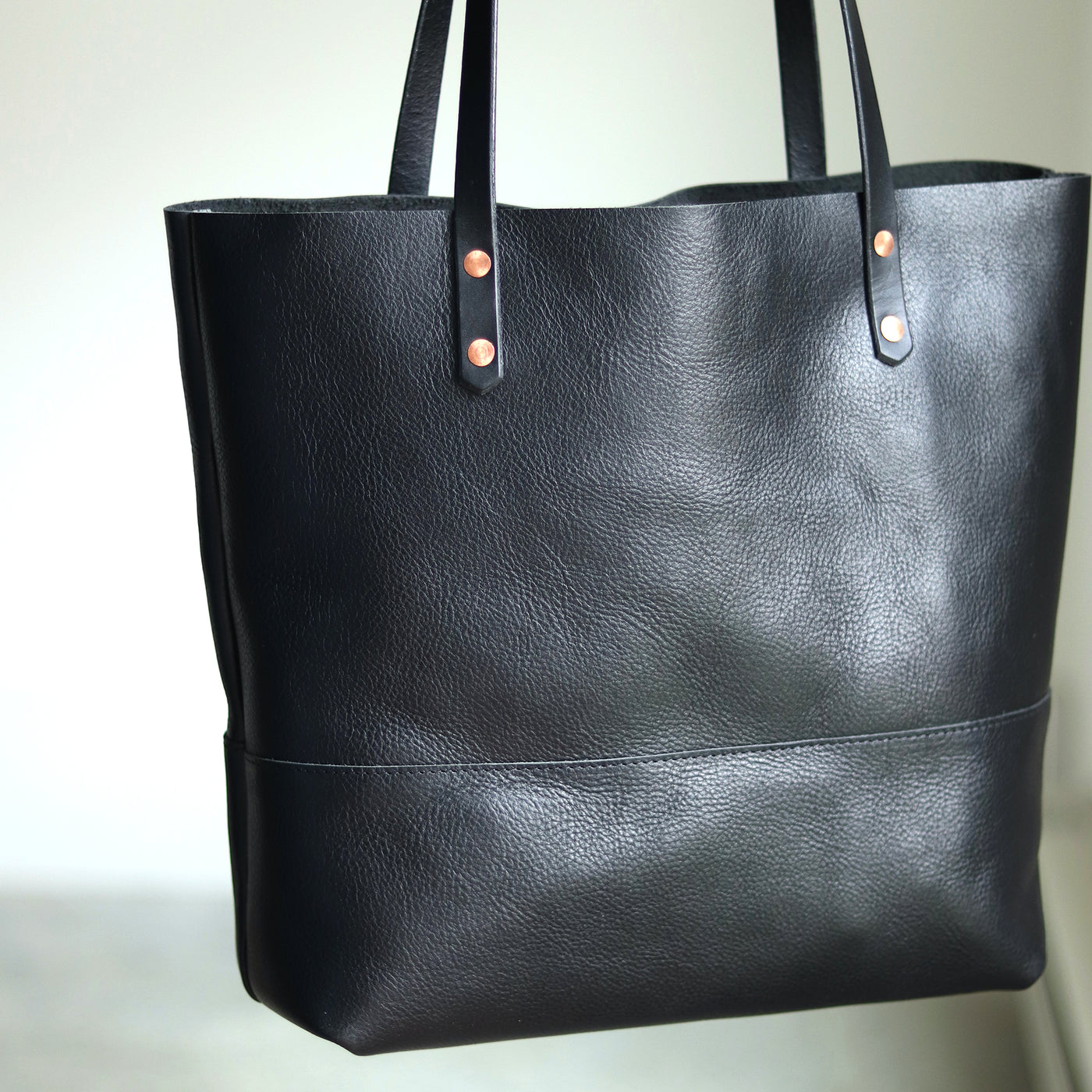Black Leather Tote with Black Straps – Handcrafted Vegetable Tanned Leather Bag with Copper Rivets