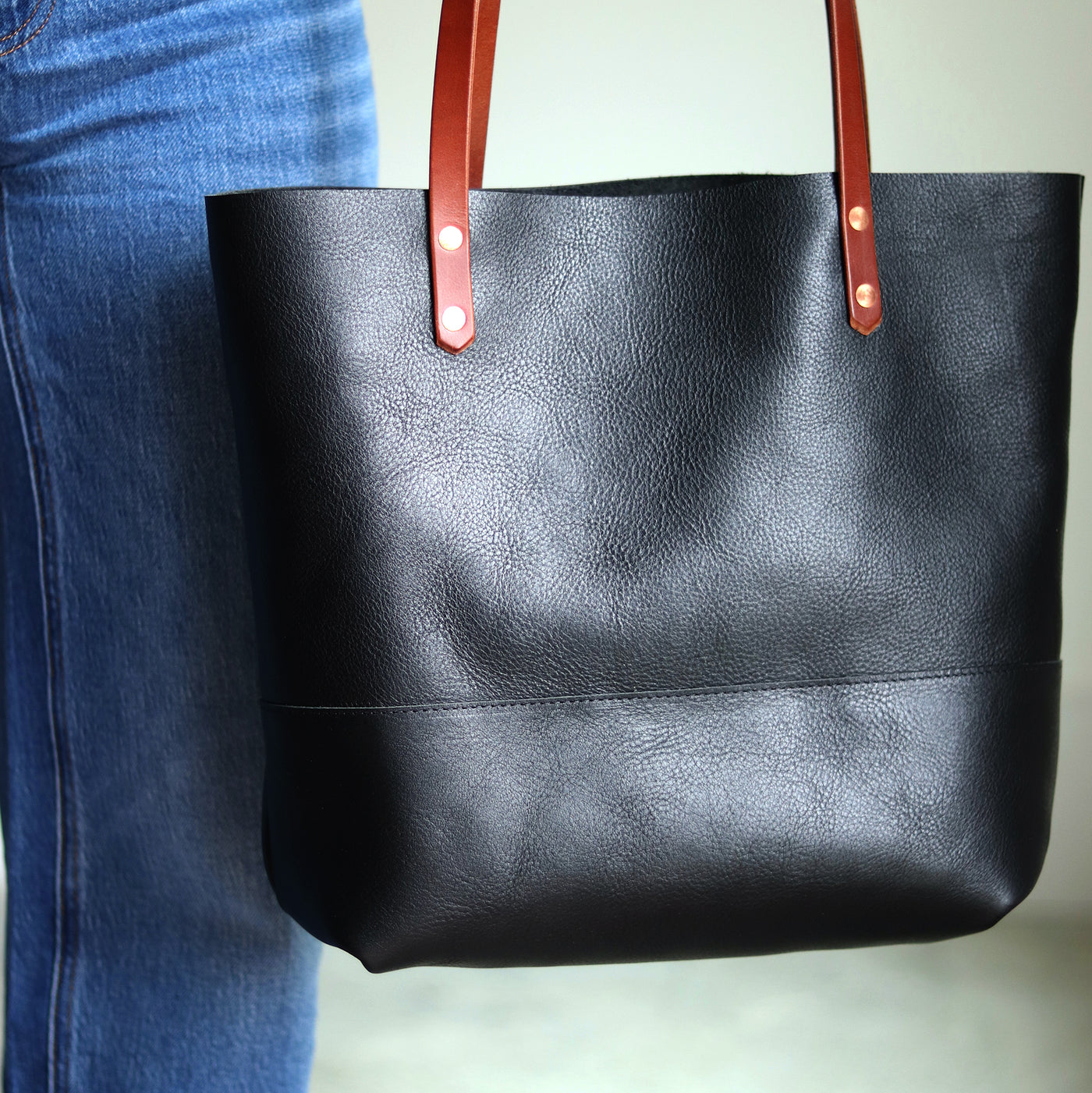 Black Leather Tote with Brown Straps – Handcrafted Vegetable Tanned Leather Bag with Copper Rivets
