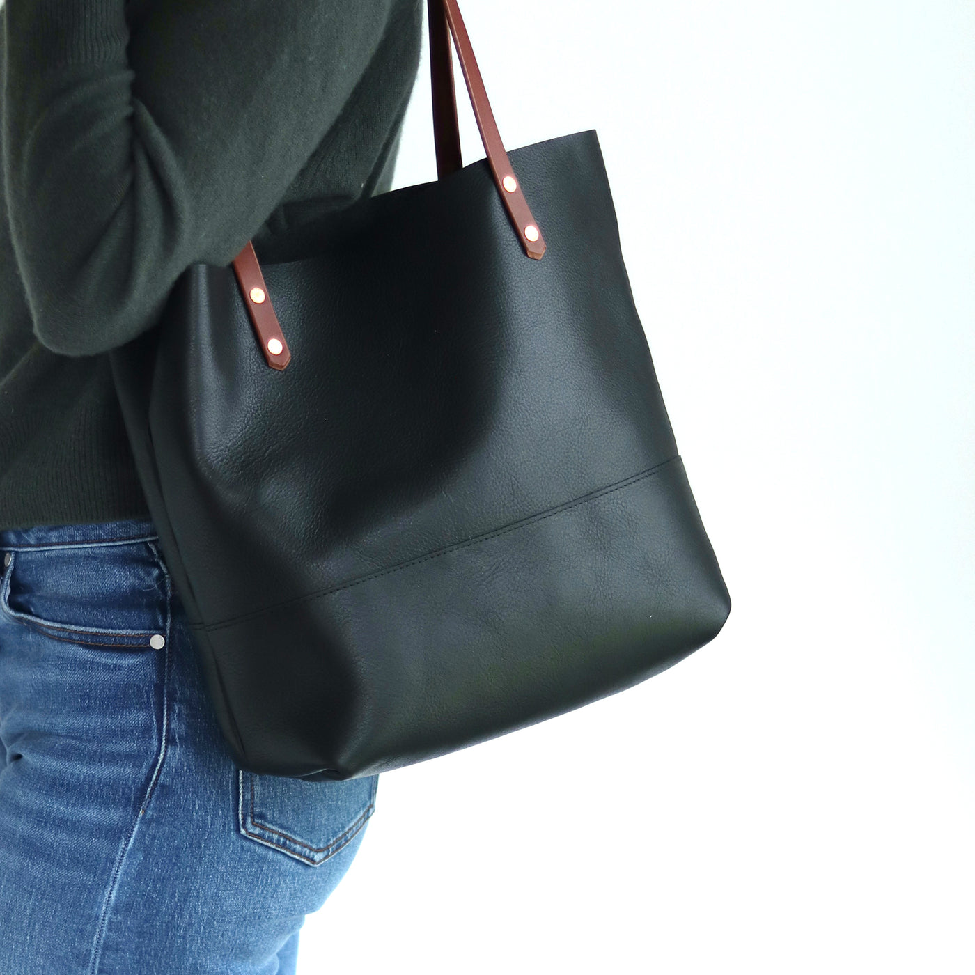 Black Leather Tote with Brown Straps – Handcrafted Vegetable Tanned Leather Bag with Copper Rivets