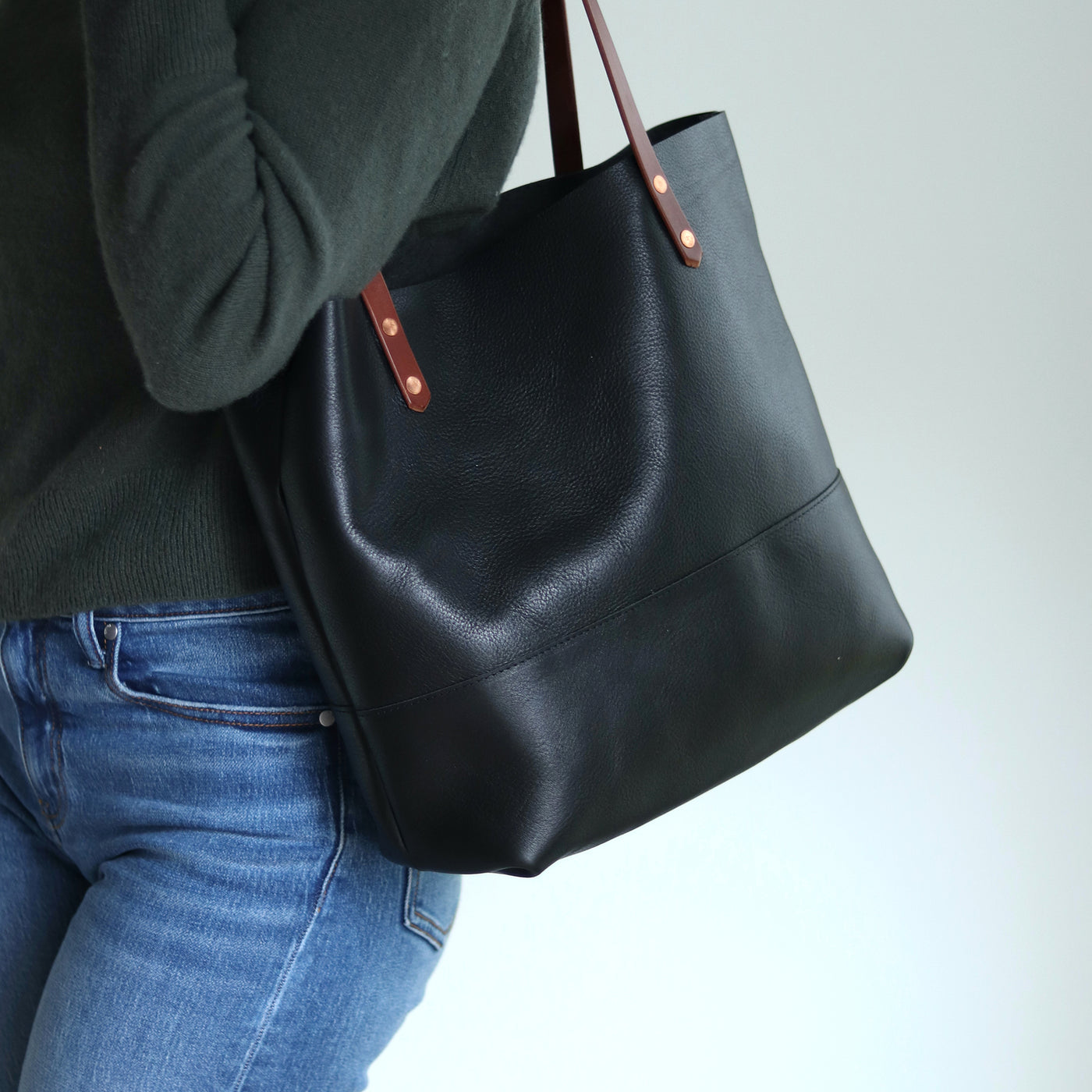 Black Leather Tote with Brown Straps – Handcrafted Vegetable Tanned Leather Bag with Copper Rivets