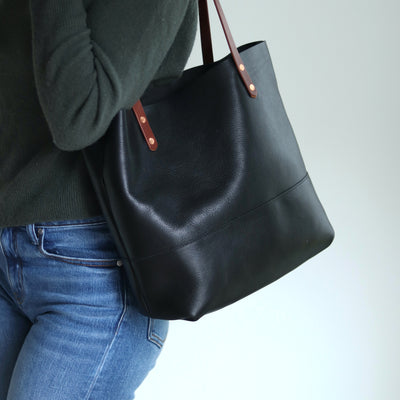 Black Leather Tote with Brown Straps – Handcrafted Vegetable Tanned Leather Bag with Copper Rivets