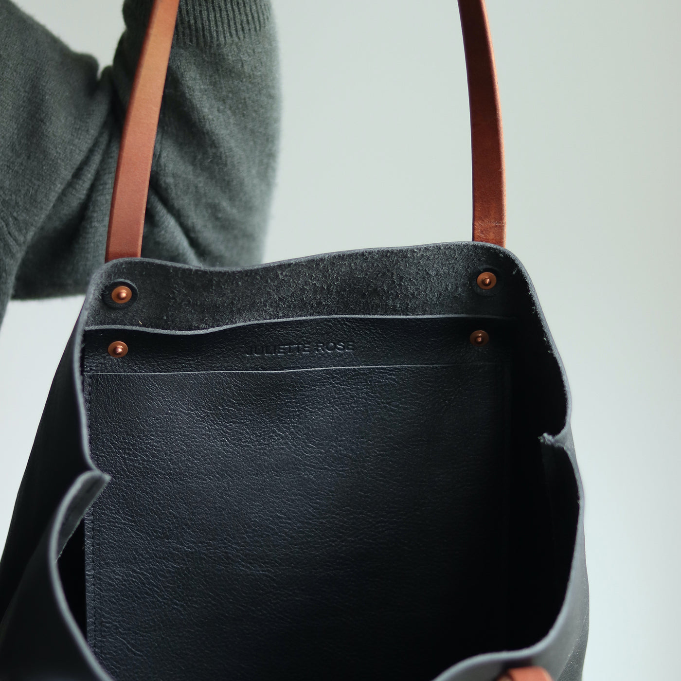 Black Leather Tote with Brown Straps – Handcrafted Vegetable Tanned Leather Bag with Copper Rivets