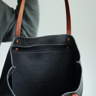 Black Leather Tote with Brown Straps – Handcrafted Vegetable Tanned Leather Bag with Copper Rivets
