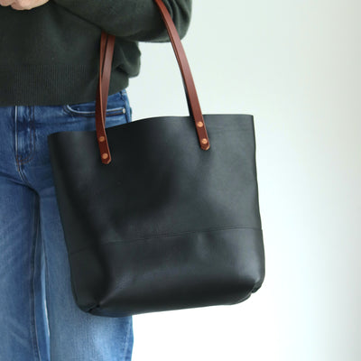 Black Leather Tote with Brown Straps – Handcrafted Vegetable Tanned Leather Bag with Copper Rivets