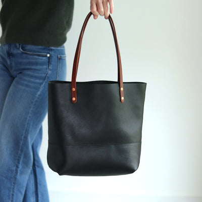 Black Leather Tote with Brown Straps – Handcrafted Vegetable Tanned Leather Bag with Copper Rivets