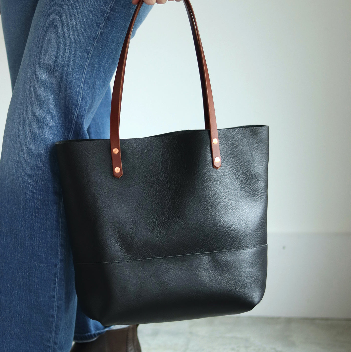 Black Leather Tote with Brown Straps – Handcrafted Vegetable Tanned Leather Bag with Copper Rivets