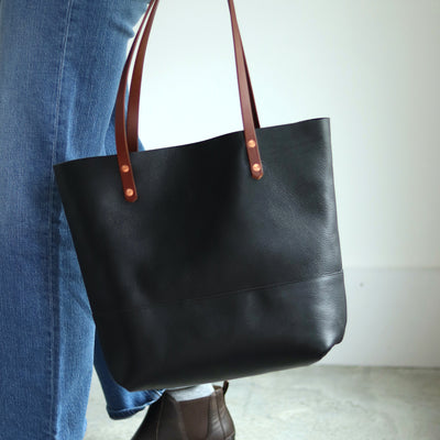 Black Leather Tote with Brown Straps – Handcrafted Vegetable Tanned Leather Bag with Copper Rivets