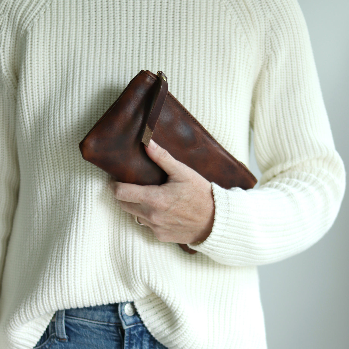 Personalized Leather Zip Clutch - Dark Brown Pull Up