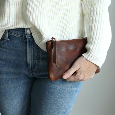 Personalized Leather Zip Clutch - Dark Brown Pull Up