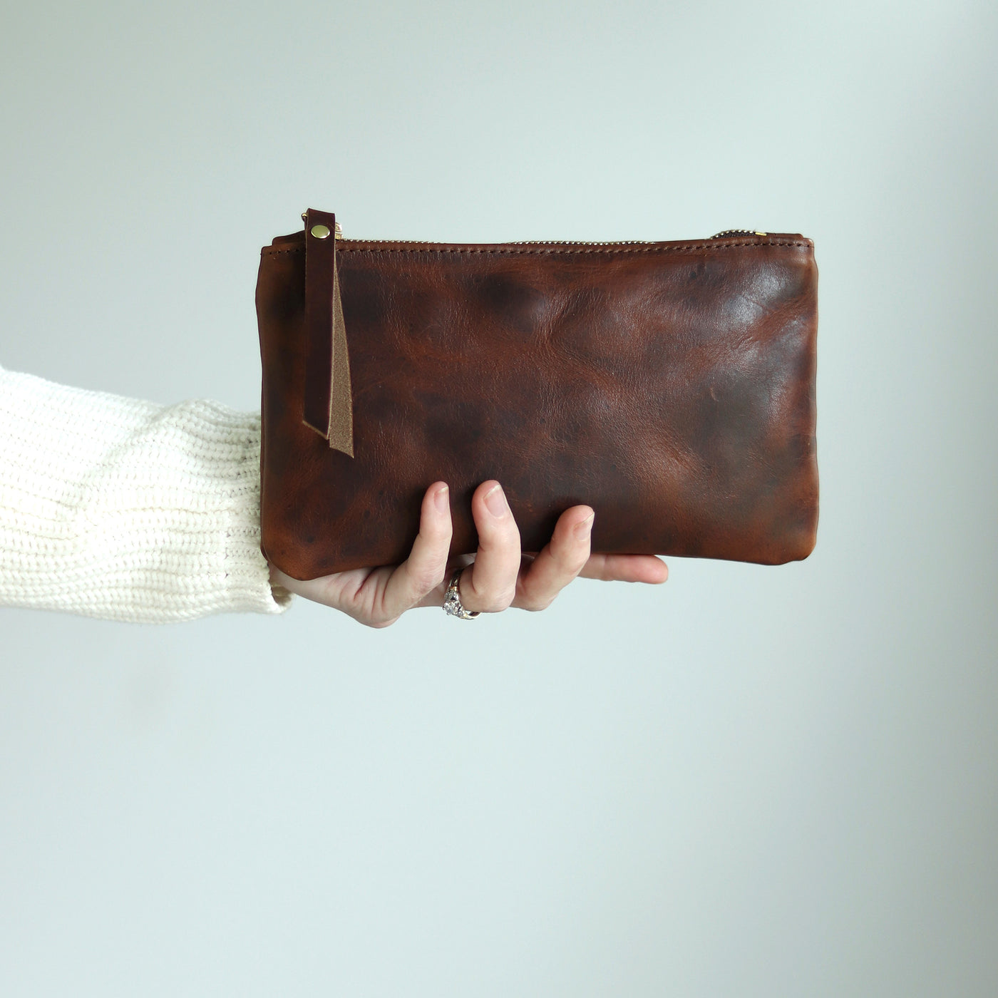 Personalized Leather Zip Clutch - Dark Brown Pull Up