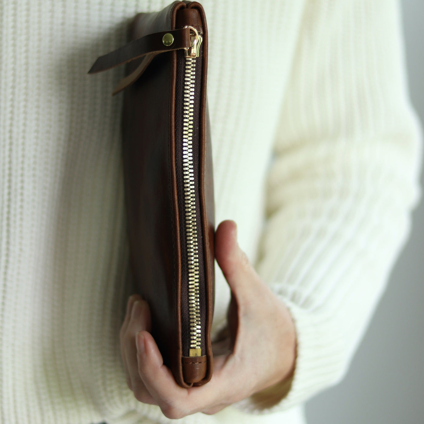 Personalized Leather Zip Clutch - Dark Brown Pull Up