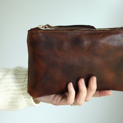 Personalized Leather Zip Clutch - Dark Brown Pull Up