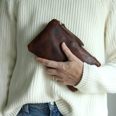 Personalized Leather Zip Clutch - Dark Brown Pull Up