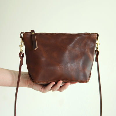 Small Leather Convertible Crossbody Clutch Bag - Dark Brown Pull Up