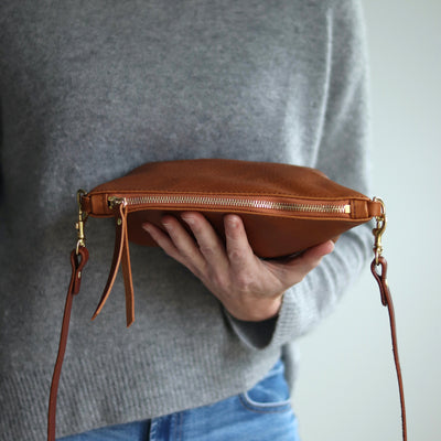 Small Leather Convertible Crossbody Clutch Bag - Brown Pebble