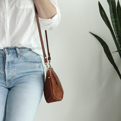 Sale - Small Leather Convertible Crossbody Clutch Bag - Cognac