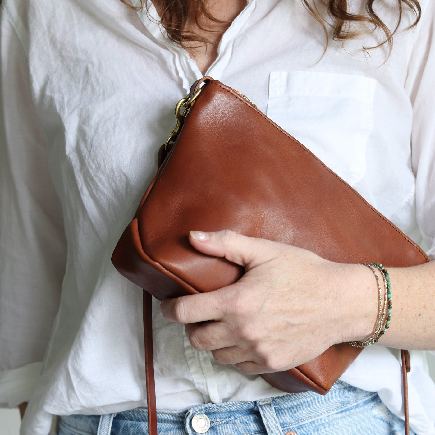 Sale - Small Leather Convertible Crossbody Clutch Bag - Cognac