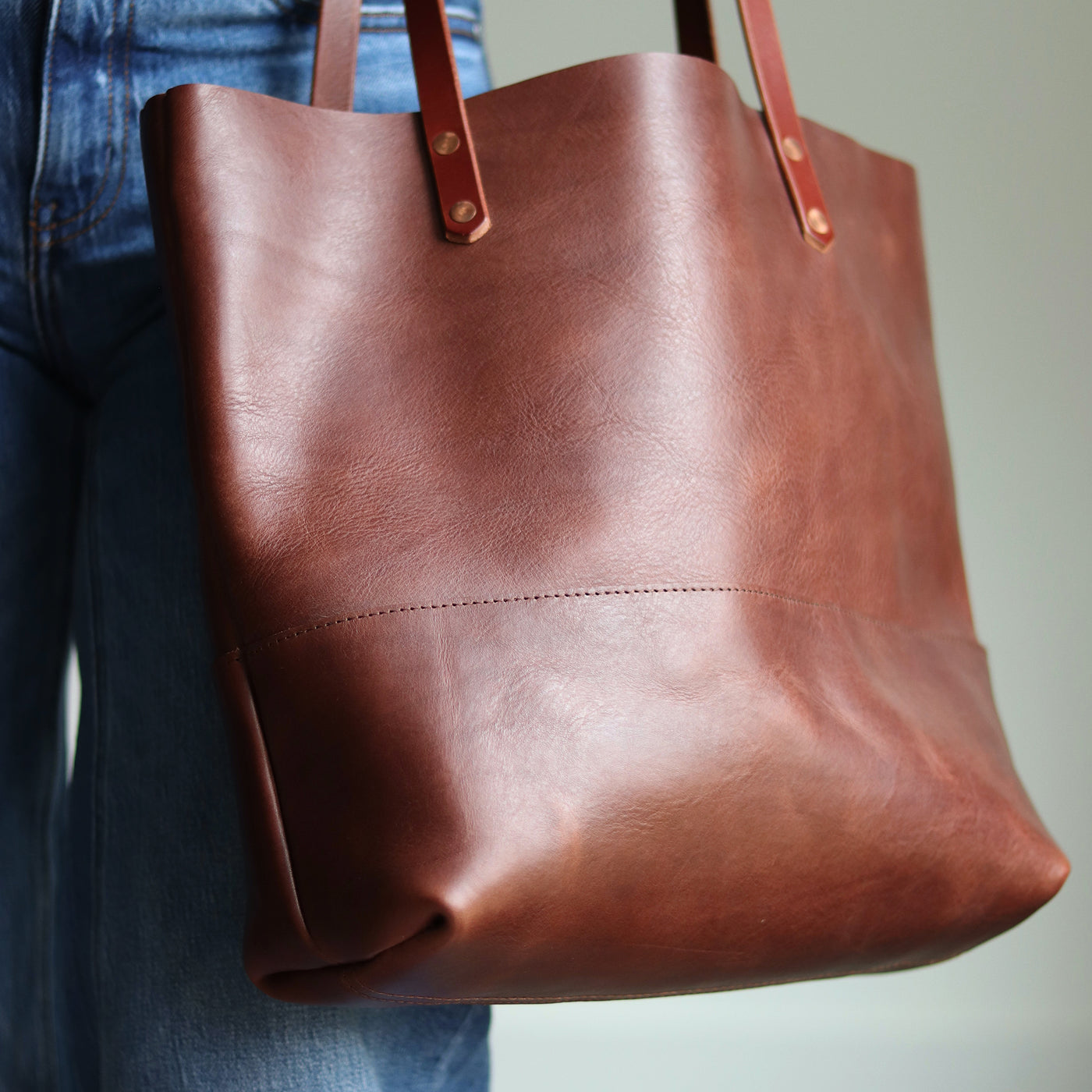 Dark Brown full grain italian leather tote bag with copper rivets