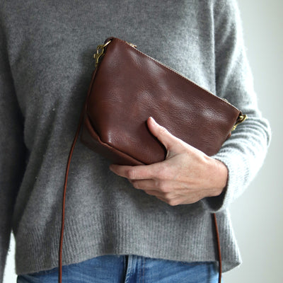 Small Leather Convertible Crossbody Clutch Bag - Dark Brown