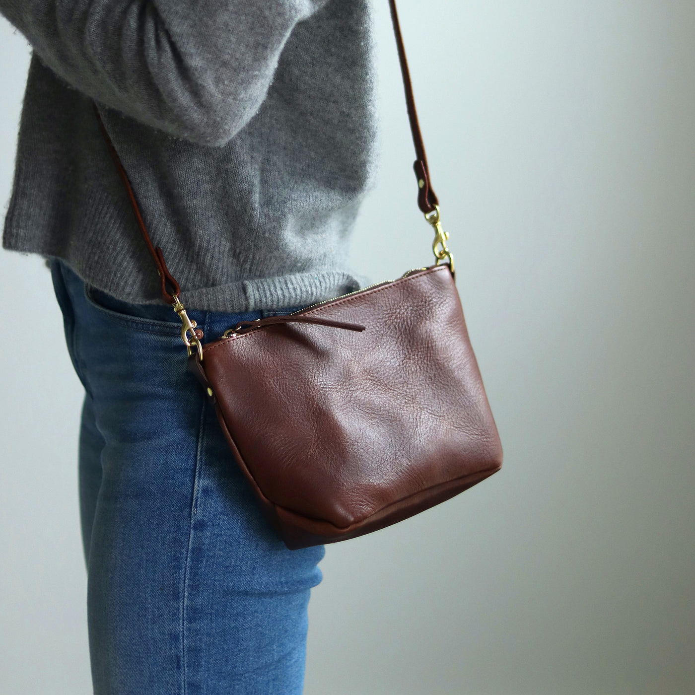 Small Leather Convertible Crossbody Clutch Bag - Dark Brown