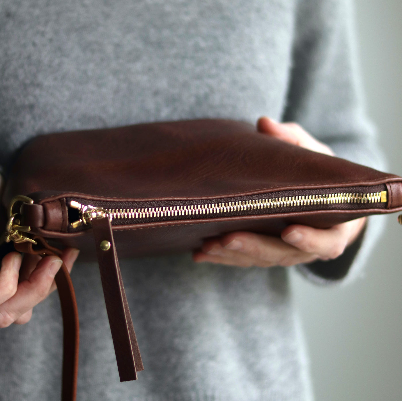 Small Leather Convertible Crossbody Clutch Bag - Dark Brown