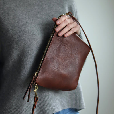 Small Leather Convertible Crossbody Clutch Bag - Dark Brown