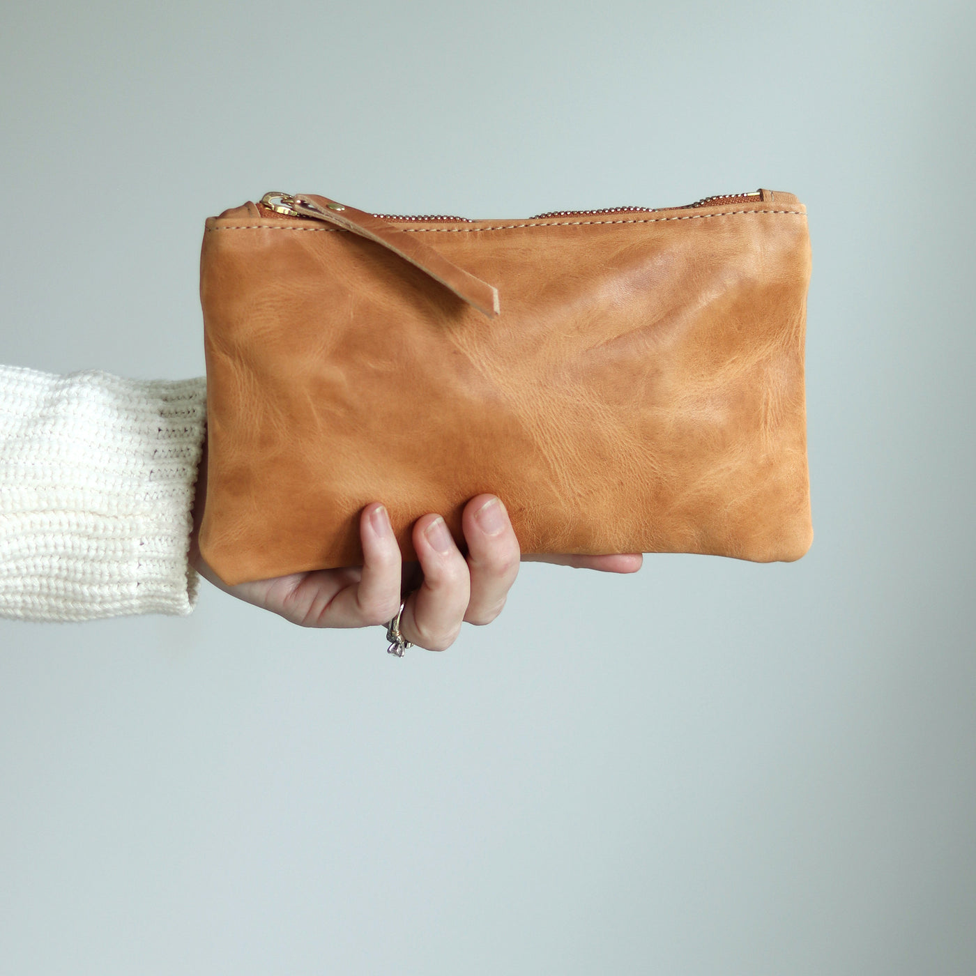 Personalized Leather Zip Clutch - Honey Brown Pull Up