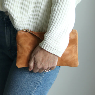 Personalized Leather Zip Clutch - Honey Brown Pull Up