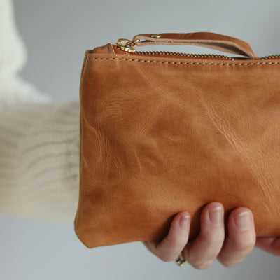 Summer Seconds Sale - Personalized Leather Zip Clutch - Honey Brown Pull Up