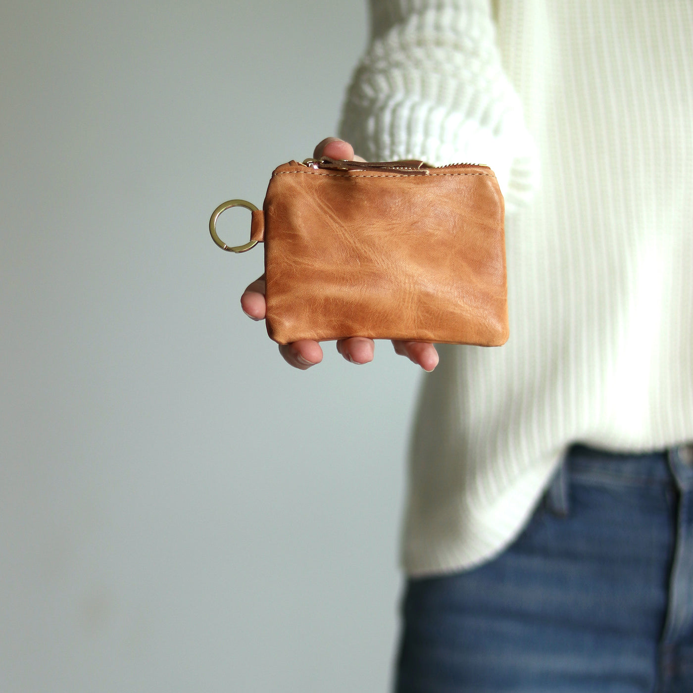 Leather Keyring Coin Purse with Monogram - Honey Brown Pull-Up