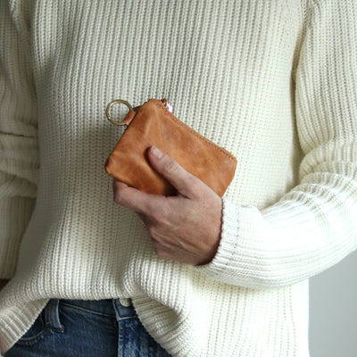 Leather Keyring Coin Purse with Monogram - Honey Brown Pull-Up