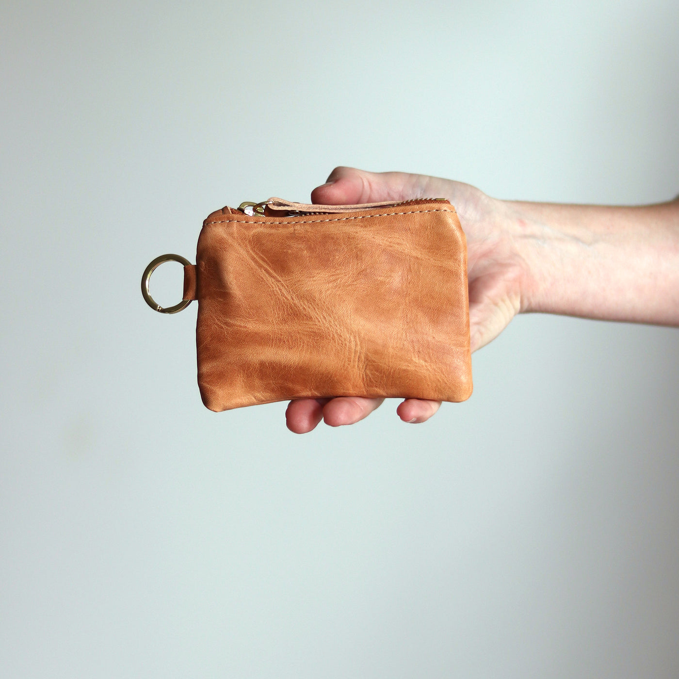 Leather Keyring Coin Purse with Monogram - Honey Brown Pull-Up