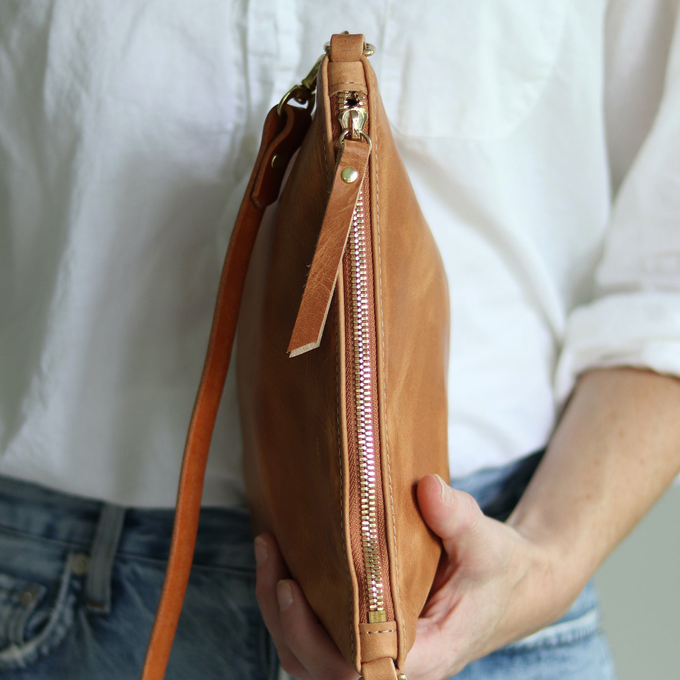 Small Leather Convertible Crossbody Clutch Bag - Honey Brown Pull Up