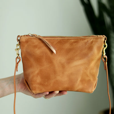 Small Leather Convertible Crossbody Clutch Bag - Honey Brown Pull Up