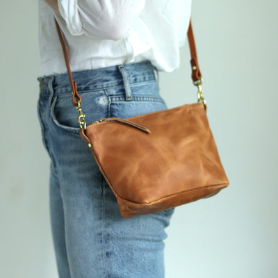 Small Leather Convertible Crossbody Clutch Bag - Honey Brown Pull Up